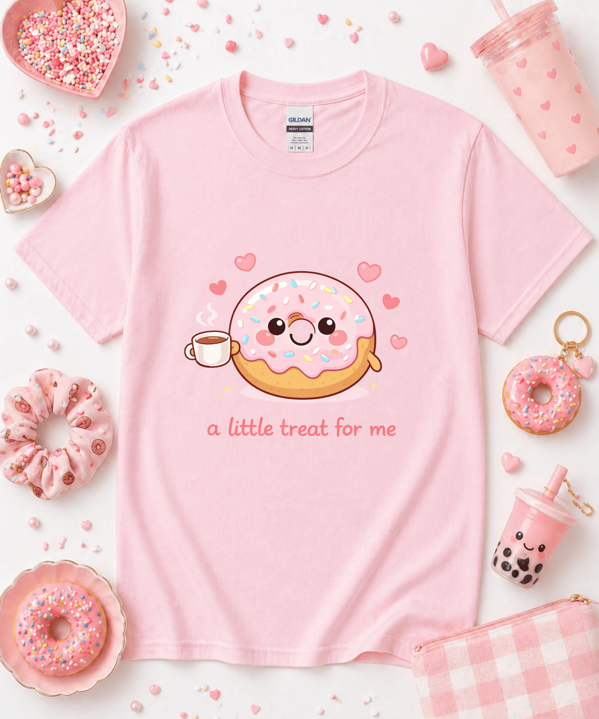 Light pink A Little Treat For Me funny foodie shirt with cute donut and coffee design