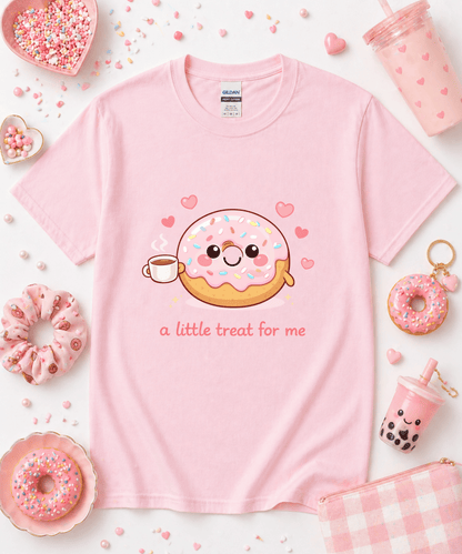 Light pink A Little Treat For Me funny foodie shirt with cute donut and coffee design