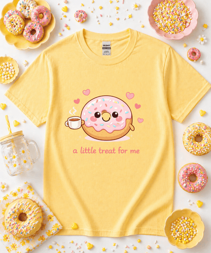 Yellow A Little Treat For Me cute donut and coffee graphic tee with cheerful pastel aesthetic