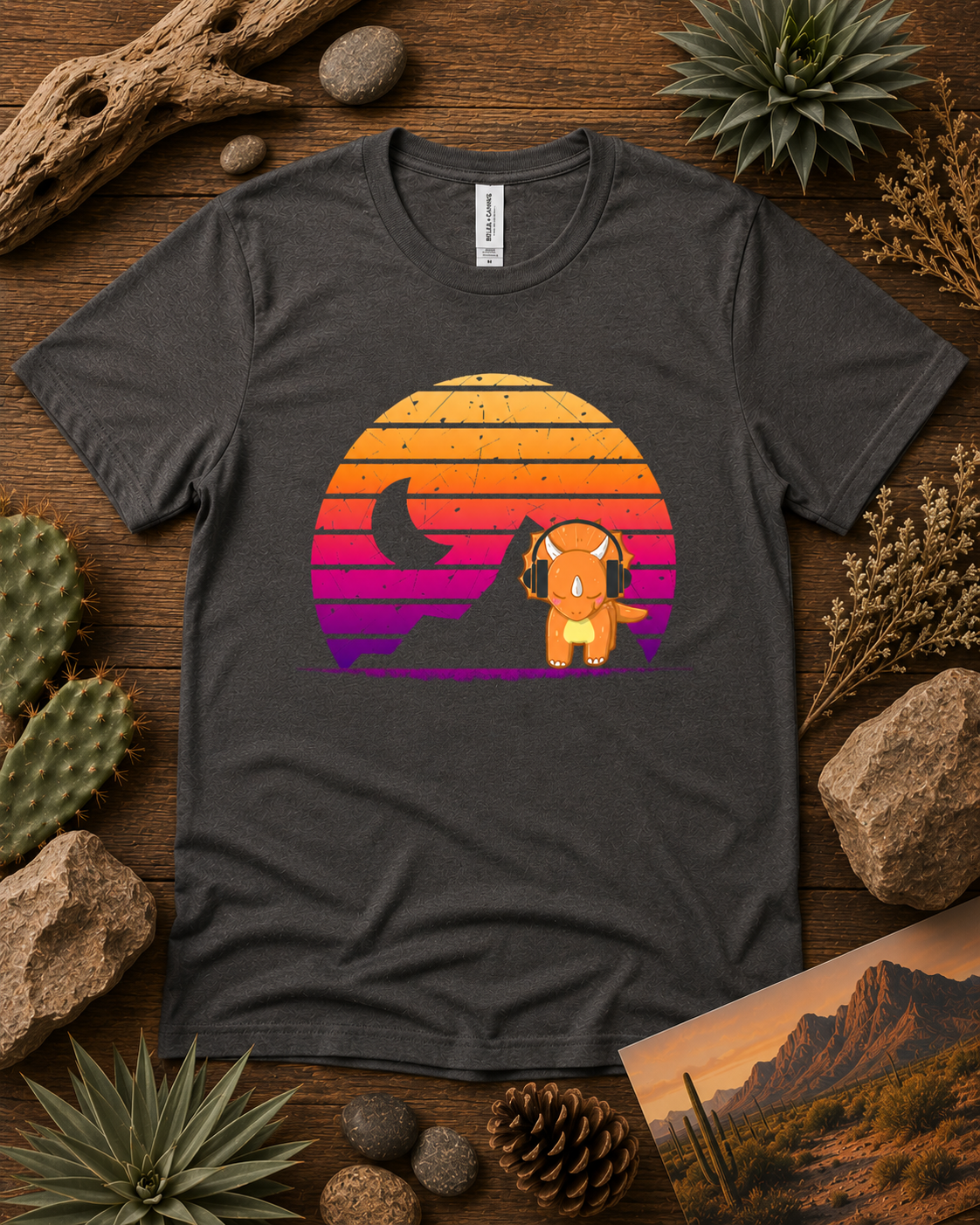 Cute retro triceratops headphones sunset dinosaur shirt on asphalt Bella Canvas 3001 premium soft tee