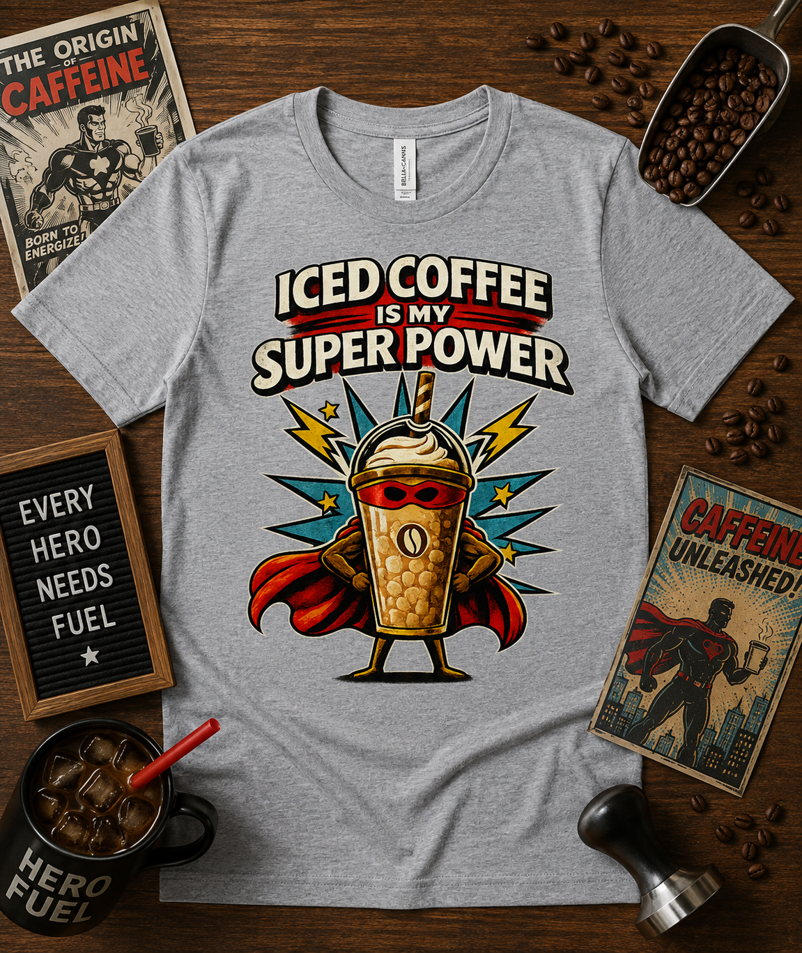 Iced Coffee Is My Super Power premium soft coffee superhero graphic tee on Athletic Heather Bella Canvas 3001 featuring retro comic iced coffee artwork fun gift for coffee drinkers café workers baristas and superhero fans nationwide