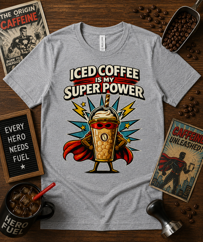 Iced Coffee Is My Super Power premium soft coffee superhero graphic tee on Athletic Heather Bella Canvas 3001 featuring retro comic iced coffee artwork fun gift for coffee drinkers café workers baristas and superhero fans nationwide