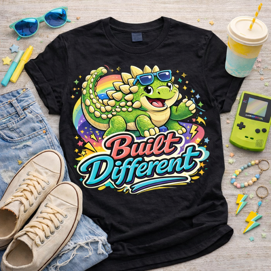 Colorful cartoon ankylosaurus dinosaur shirt with Built Different text rainbow stars lightning funny bold dinosaur graphic tee on black shirt