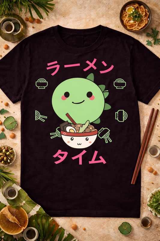 Black kawaii dinosaur ramen graphic t shirt with cute anime design and Japanese text flatlay, ramen foodie shirt with chopsticks and noodles props