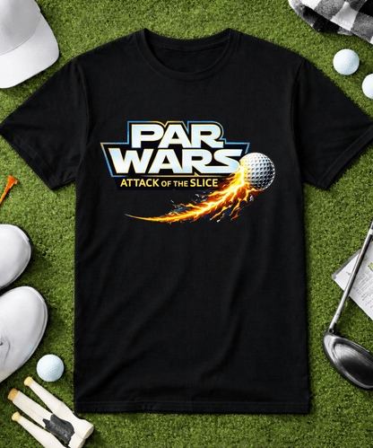 Funny golf shirt with Par Wars Attack of the Slice design featuring flaming golf ball graphic on black and white tee flatlay with golf accessories
