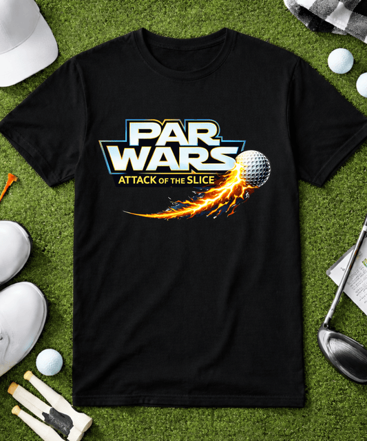 Funny golf shirt with Par Wars Attack of the Slice design featuring flaming golf ball graphic on black and white tee flatlay with golf accessories