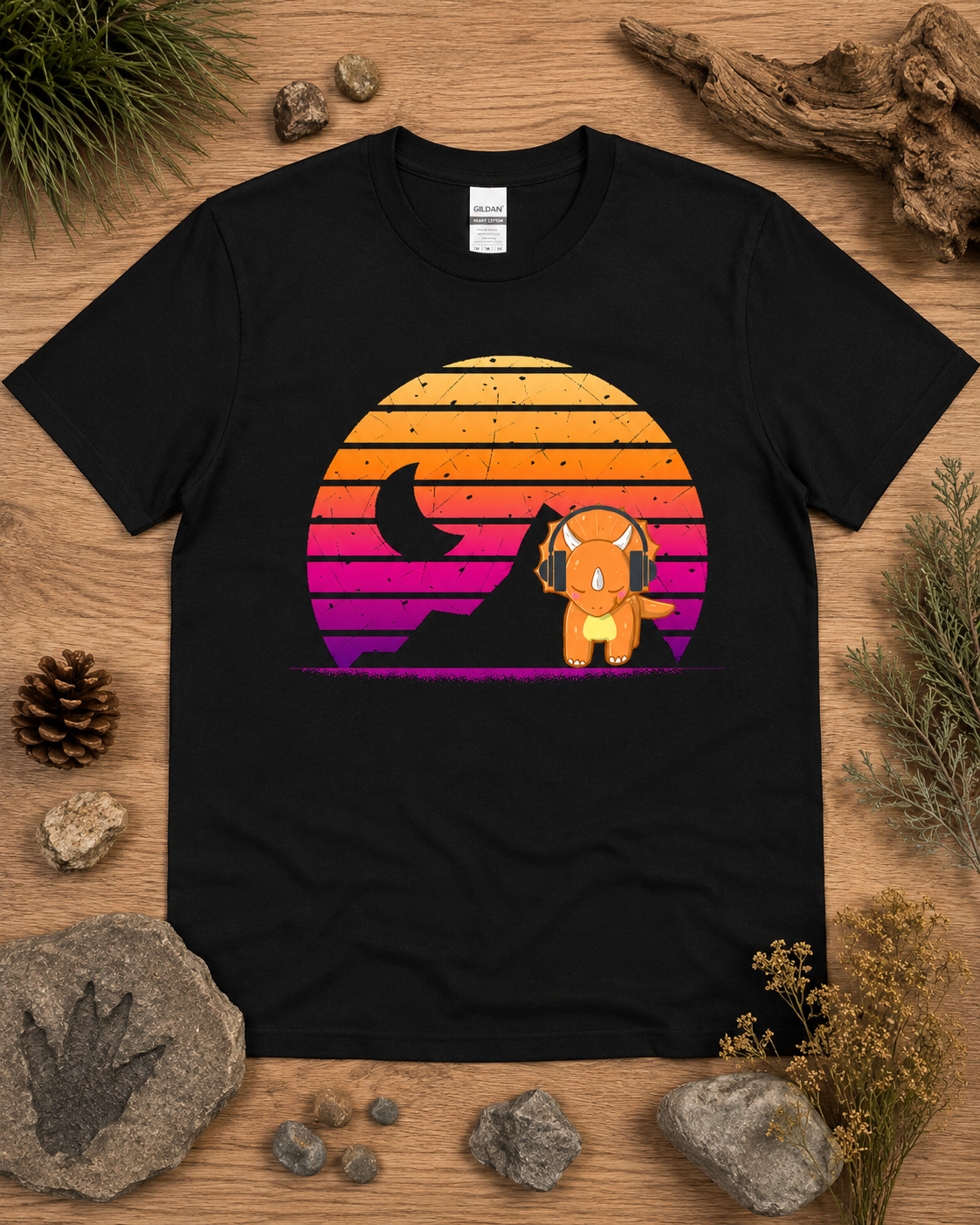 Cute retro triceratops headphones sunset dinosaur shirt on black Gildan 5000 classic heavy cotton graphic tee