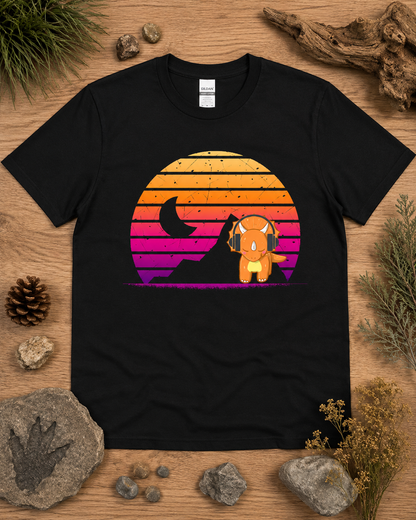 Cute retro triceratops headphones sunset dinosaur shirt on black Gildan 5000 classic heavy cotton graphic tee
