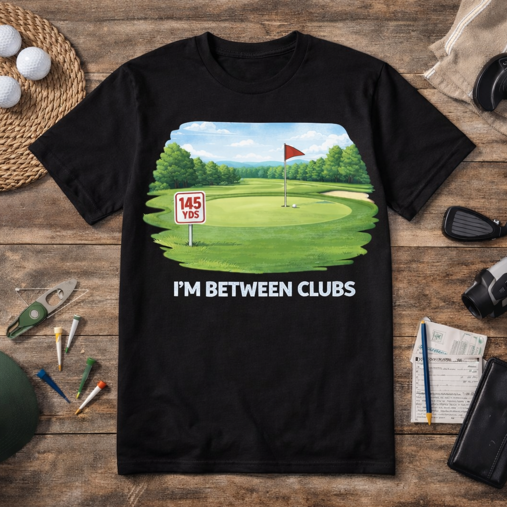 Funny golf shirt with I’m Between Clubs text and golf course graphic on black and white tee flatlay with golf accessories