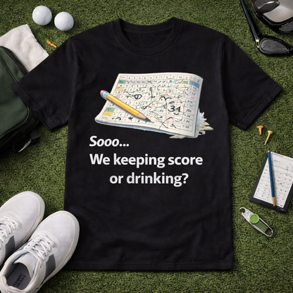 Funny golf shirt with We Keeping Score or Drinking text and scorecard graphic on black and white tee flatlay with golf accessories