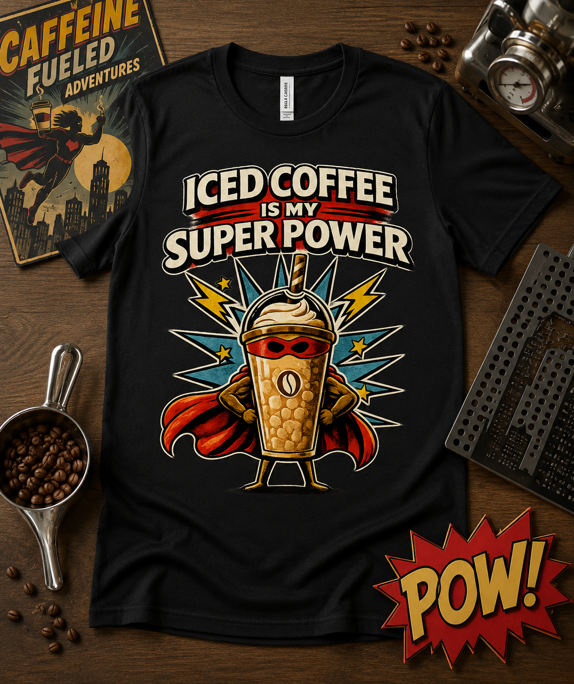 Iced Coffee Is My Super Power funny superhero coffee graphic tee on Black Bella Canvas 3001 Premium Soft Shirt featuring retro comic iced coffee hero artwork premium soft unisex shirt for coffee lovers baristas café workers and superhero fans in the United States