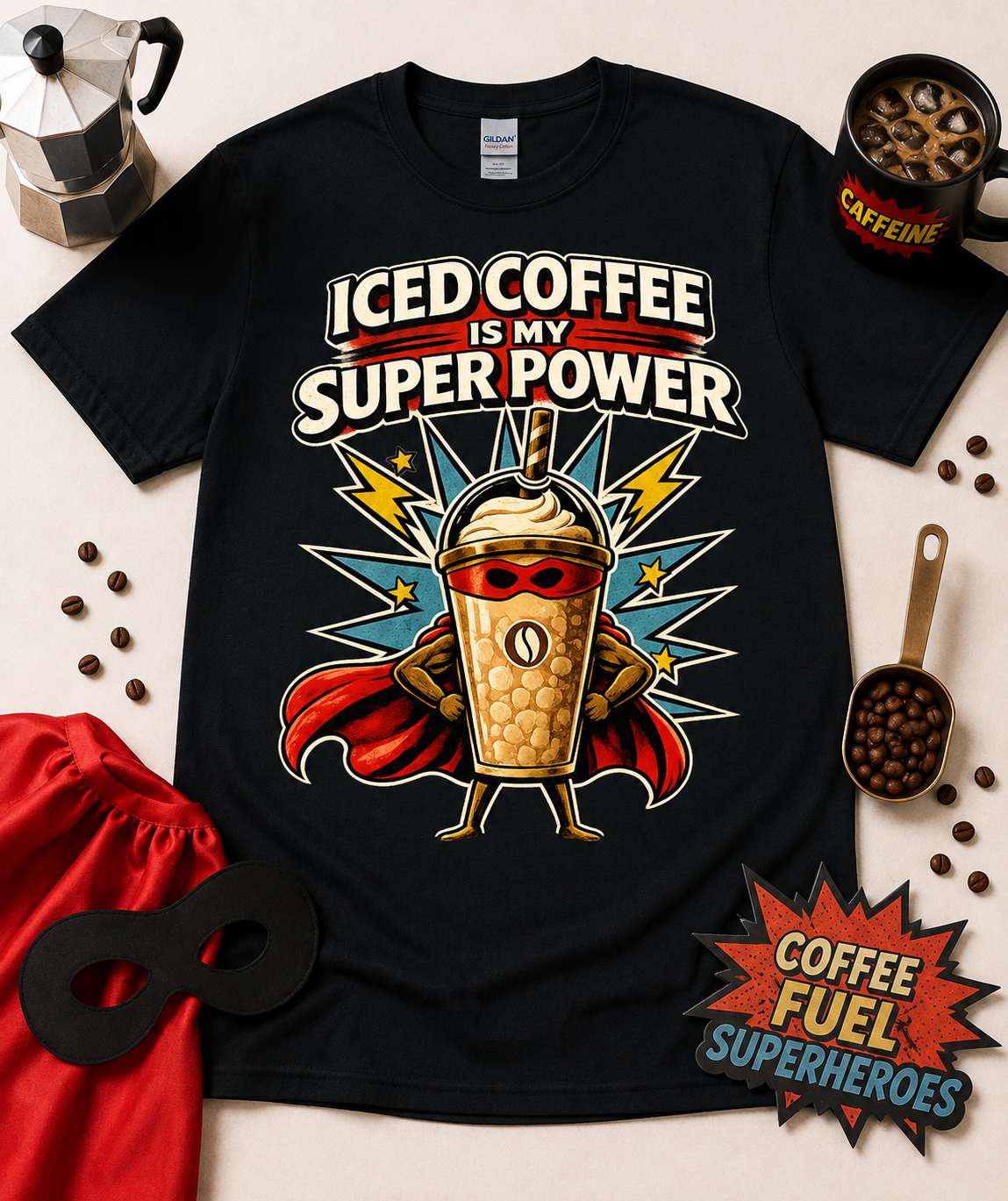 Iced Coffee Is My Super Power funny coffee superhero graphic tee on Black Gildan 5000 Classic Heavy Cotton shirt featuring a superhero iced coffee cup with red cape retro comic artwork novelty caffeine lover gift for baristas coffee shop workers iced coffee fans and comic book lovers in the United States