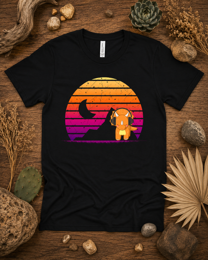 Cute retro triceratops headphones sunset dinosaur shirt on black Bella Canvas 3001 premium soft tee