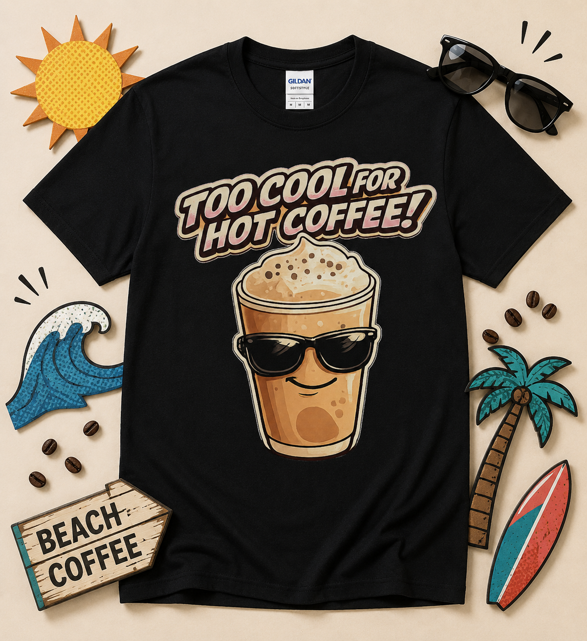 Black Too Cool For Hot Coffee iced coffee graphic tee for coffee addicts coffee shop fans baristas and anyone who prefers iced coffee year round with funny coffee humor