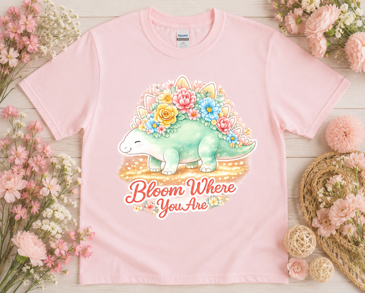 Where You Are cute pastel dinosaur graphic tee on light pink Gildan shirt with floral cottagecore props
