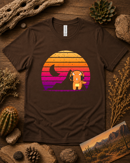 Cute retro triceratops headphones sunset dinosaur shirt on brown Bella Canvas 3001 premium soft tee