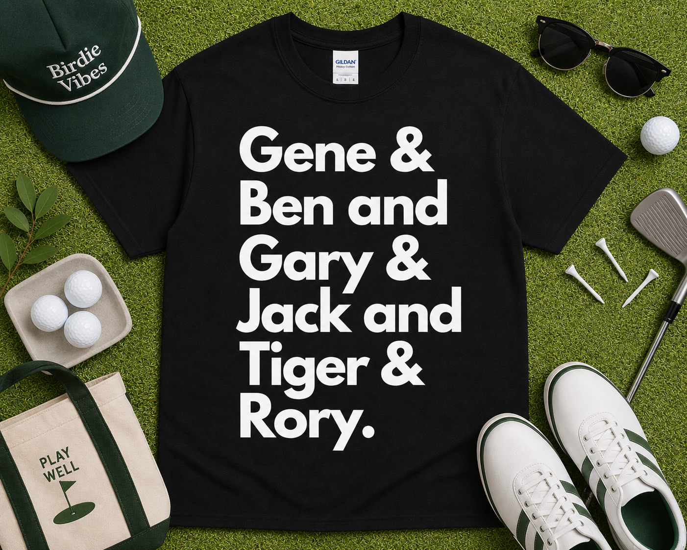 Career Grand Slam Golf Tee black shirt featuring Gene Ben Gary Jack Tiger Rory typography golf graphic with golf accessories flat lay styling