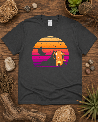 Cute retro triceratops headphones sunset dinosaur shirt on charcoal Gildan 5000 classic heavy cotton tee
