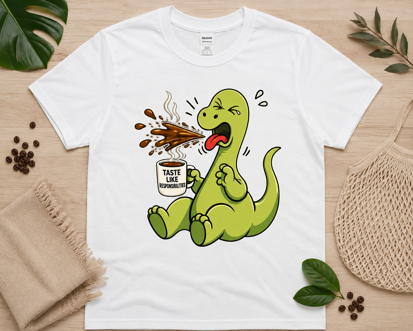Cute funny dinosaur coffee graphic tee on white Gildan shirt with cozy coffee aesthetic and playful caffeine humor