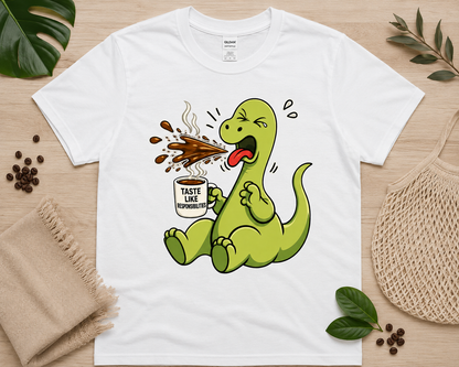 Cute funny dinosaur coffee graphic tee on white Gildan shirt with cozy coffee aesthetic and playful caffeine humor