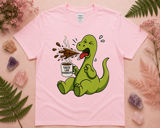 Cute funny coffee dino graphic tee on light pink Gildan shirt with playful caffeine humor and soft aesthetic stylin