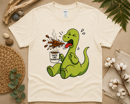 cute coffee dinosaur graphic tee on natural Gildan shirt with cozy neutral aesthetic and funny caffeine design
