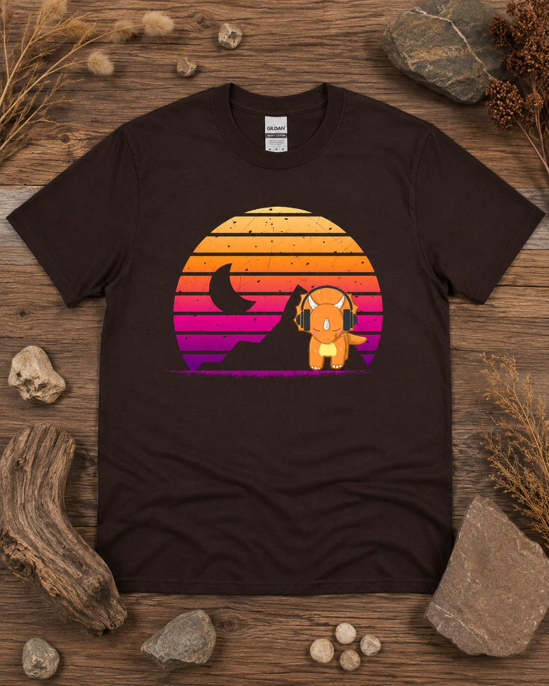 Cute retro triceratops headphones sunset dinosaur shirt on dark chocolate Gildan 5000 classic heavy cotton tee