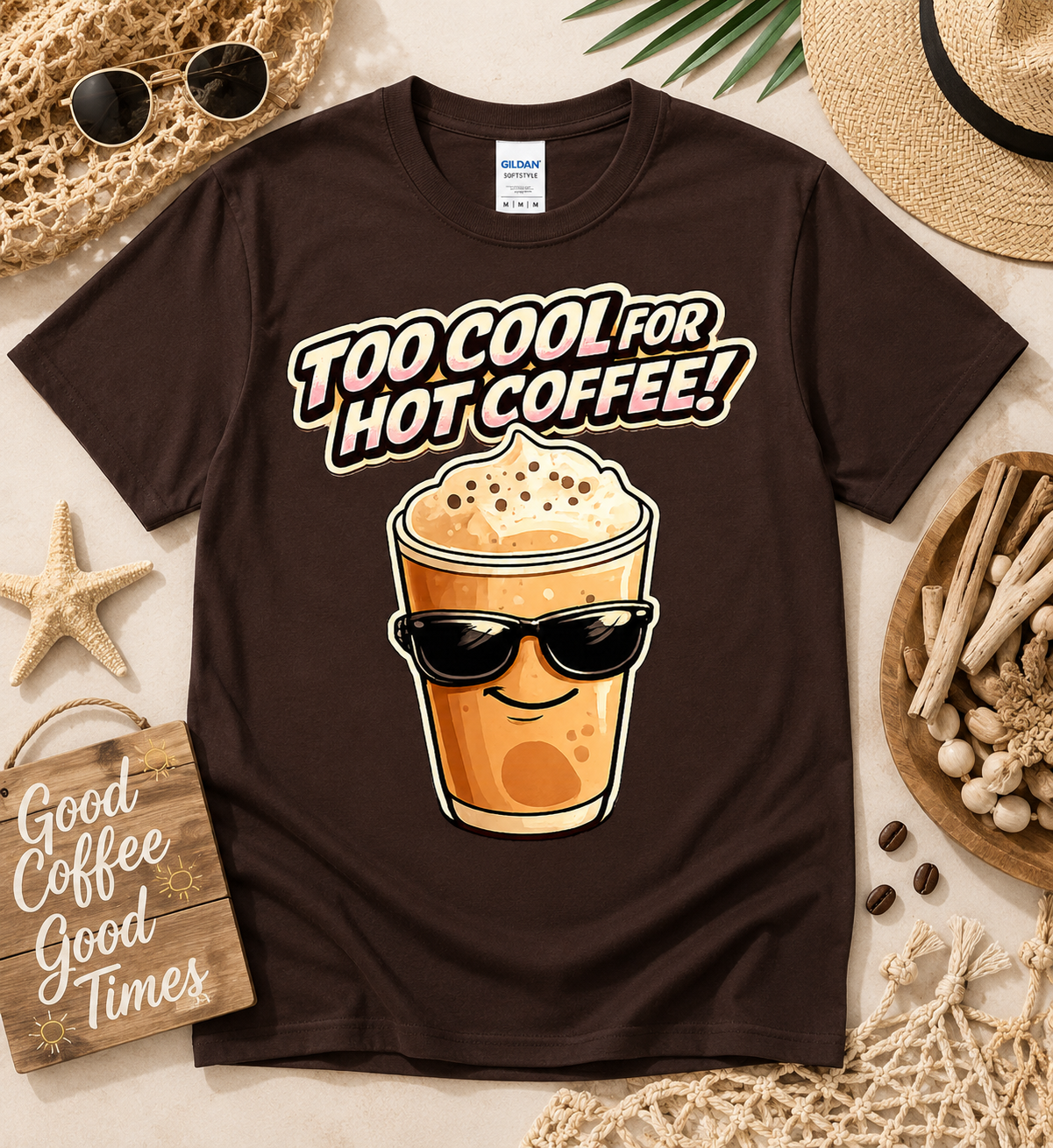 Dark Chocolate Too Cool For Hot Coffee coffee lover graphic shirt featuring a stylish iced coffee design perfect for coffee gifts coffee enthusiasts and everyday casual outfits