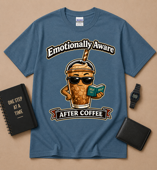 Emotionally Aware After Coffee funny iced coffee shirt on Antique Sapphire blue Gildan tee featuring coffee character reading self help book for coffee lovers
