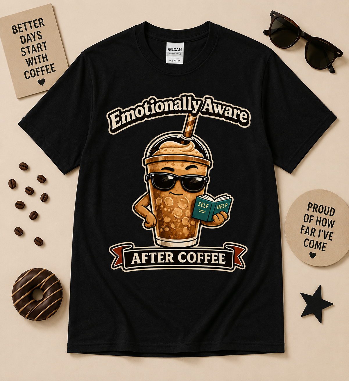 Emotionally Aware After Coffee funny iced coffee lover shirt on Black Gildan tee featuring coffee character reading self help book graphic