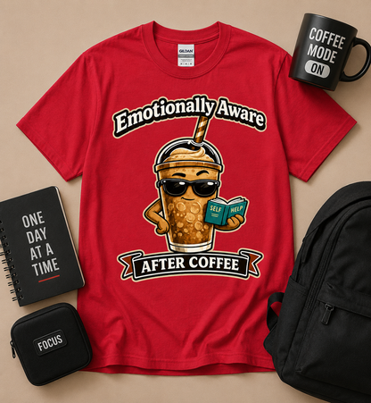 Emotionally Aware After Coffee funny coffee graphic t shirt on Cardinal Red Gildan tee featuring iced coffee character reading self help book
