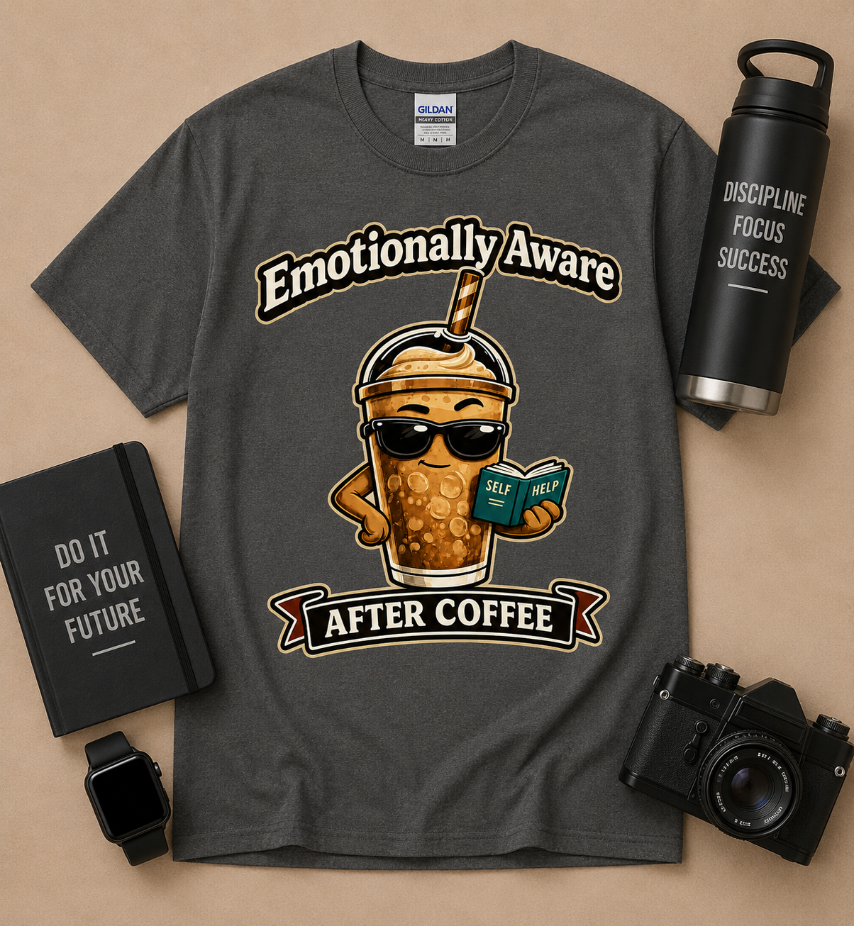 Emotionally Aware After Coffee funny coffee drinker graphic tee on Charcoal Gildan shirt featuring iced coffee self help character design