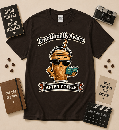 Emotionally Aware After Coffee coffee humor graphic tee on Dark Chocolate Gildan shirt featuring funny iced coffee character for coffee lovers