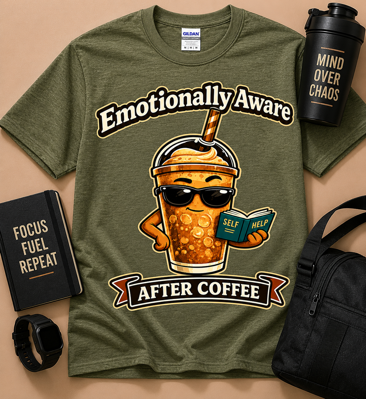 Emotionally Aware After Coffee funny caffeine graphic tee on Heather Military Green shirt featuring iced coffee character for coffee lovers and self care fans