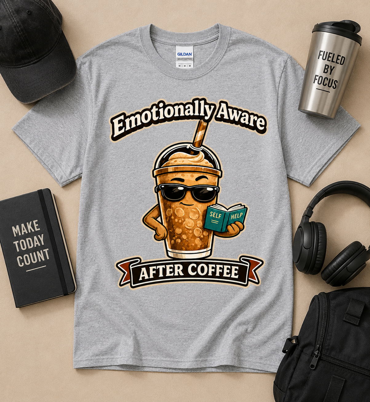 Emotionally Aware After Coffee funny coffee lover graphic tee on Sport Grey Gildan shirt featuring iced coffee character and caffeine humor artwork