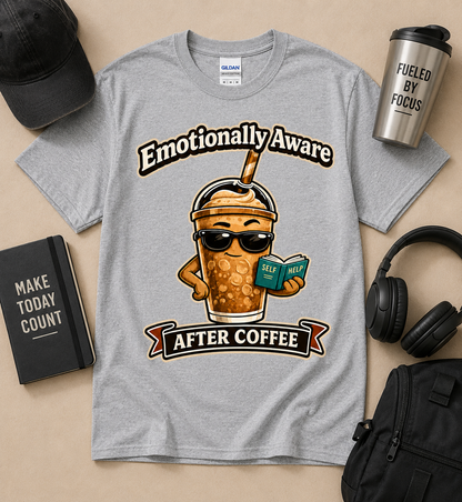 Emotionally Aware After Coffee funny coffee lover graphic tee on Sport Grey Gildan shirt featuring iced coffee character and caffeine humor artwork