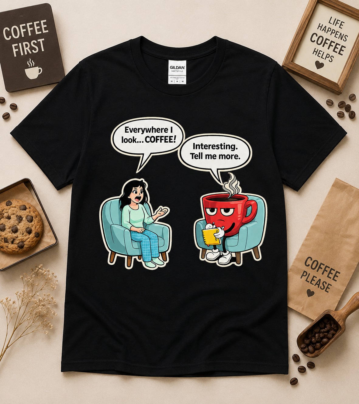 Black funny coffee lover graphic tee with coffee therapist cartoon design, caffeine humor shirt for coffee addicts, espresso lovers and coffee shop fans.