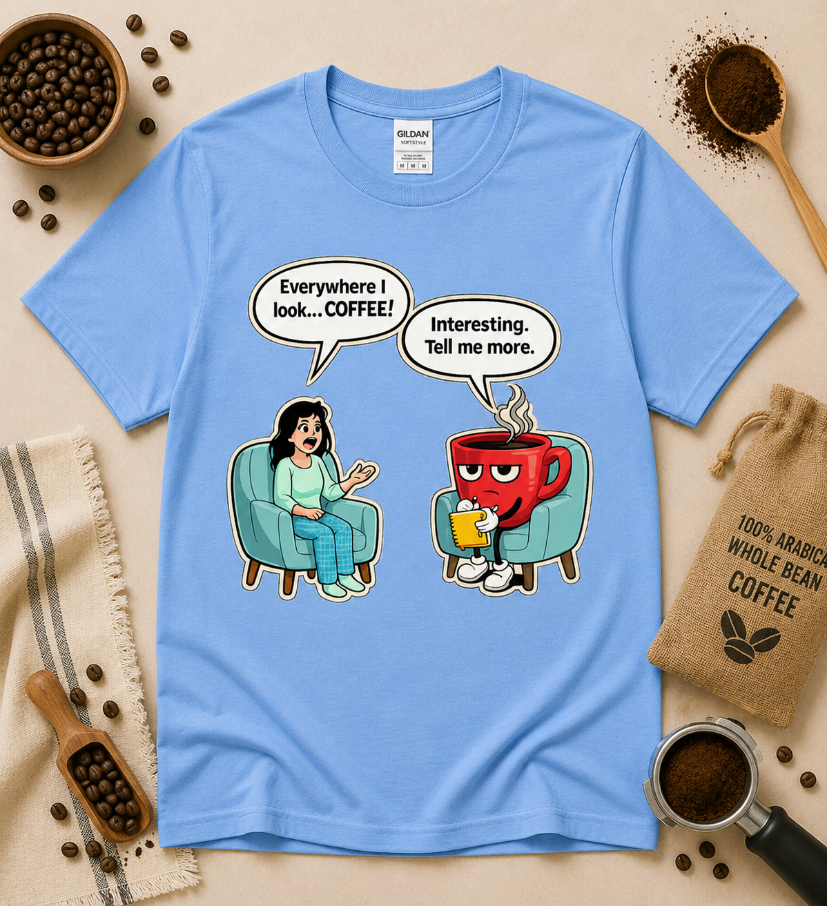 Carolina blue funny coffee graphic t-shirt featuring coffee therapist cartoon artwork, coffee addiction humor design, cute caffeine lover apparel for men women and teens.