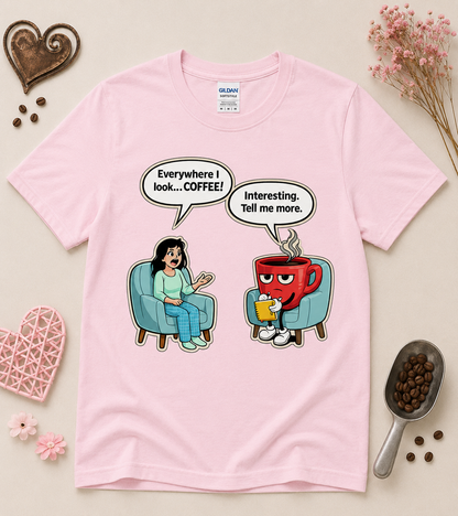 Light pink coffee lover graphic tee with funny therapy session coffee cartoon, cute coffee addict shirt, coffee humor gift for women, teens and caffeine enthusiasts.