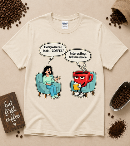 Sand colored coffee humor graphic tee with coffee cup therapist design, funny caffeine lover shirt, casual coffee themed apparel and gift for coffee drinkers.