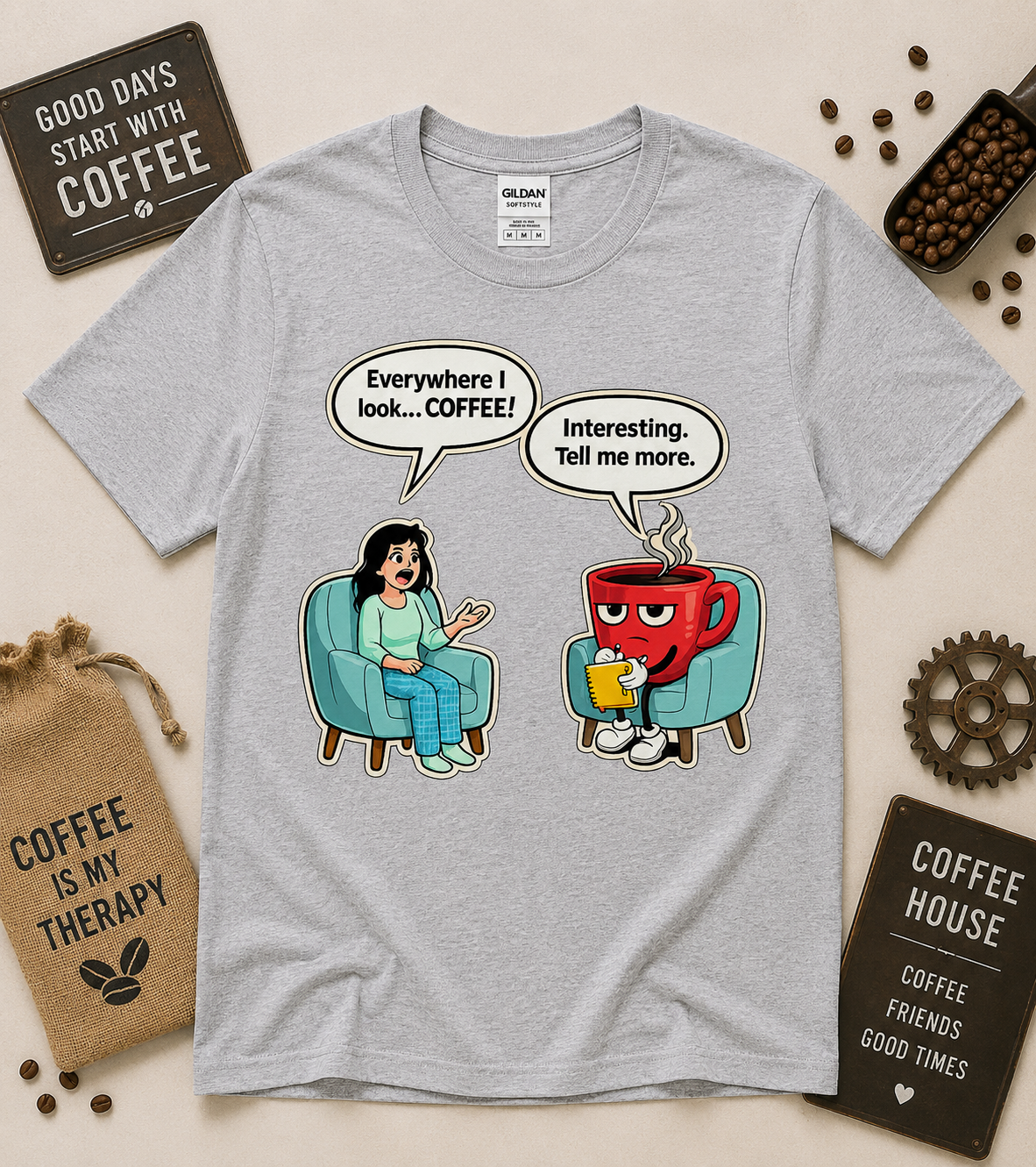 Sport grey coffee lover graphic t-shirt featuring coffee therapy cartoon artwork, funny coffee addiction humor shirt, comfortable unisex coffee tee.