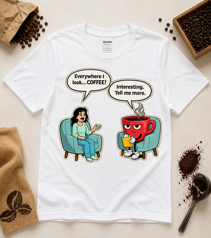 White coffee lover graphic shirt featuring coffee therapy session artwork, funny caffeine addiction tee, coffee enthusiast gift idea and casual unisex apparel.
