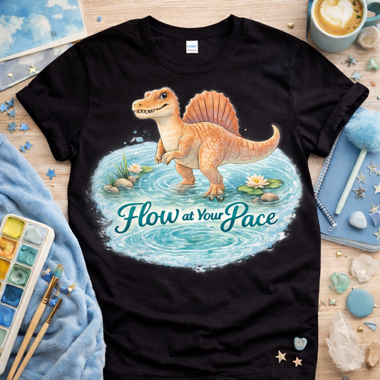 Black shirt flatlay with flow at your own pace spinosaurus water design calming aesthetic dinosaur graphic tee with soft blue tones