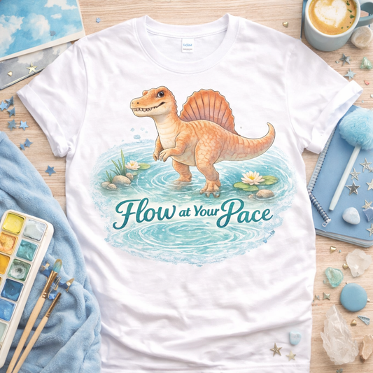 White shirt flatlay featuring flow at your own pace spinosaurus standing in water with calm aesthetic props soft dinosaur graphic tee