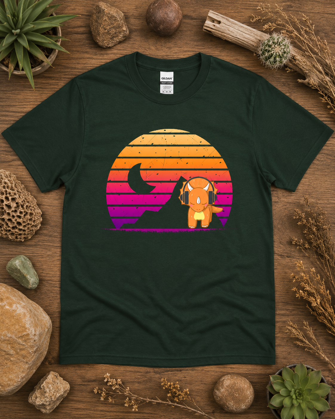Cute retro triceratops headphones sunset dinosaur shirt on forest green Gildan 5000 classic heavy cotton tee