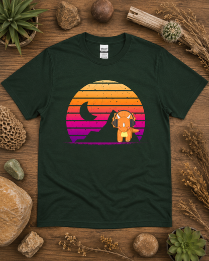 Cute retro triceratops headphones sunset dinosaur shirt on forest green Gildan 5000 classic heavy cotton tee