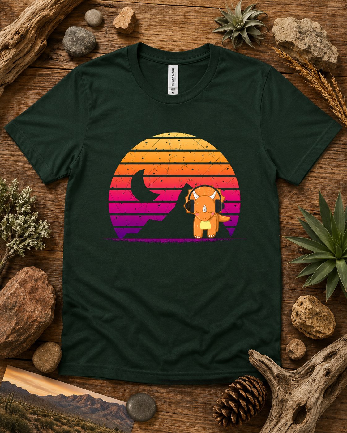 Cute retro triceratops headphones sunset dinosaur shirt on forest Bella Canvas 3001 premium soft tee