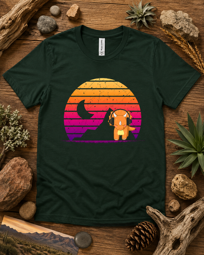 Cute retro triceratops headphones sunset dinosaur shirt on forest Bella Canvas 3001 premium soft tee