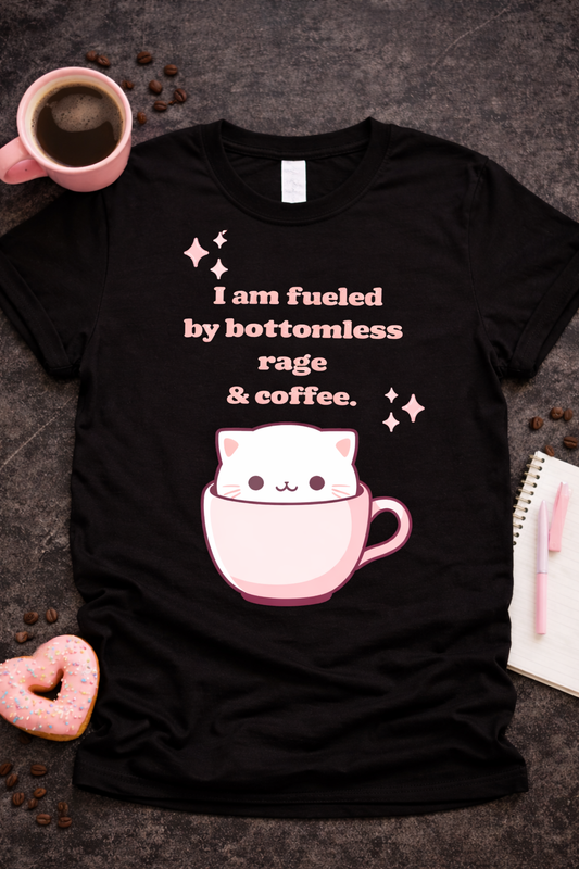 Black graphic t-shirt featuring cute kawaii cat in coffee cup with text “Fueled by Bottomless Rage & Coffee,” styled in cozy flat lay with coffee, notebook, and pink aesthetic props