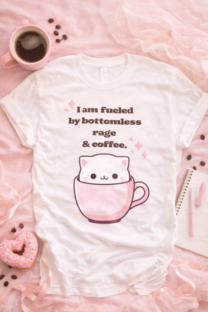 Fueled by bottomless rage and coffee cat graphic tee on white shirt with cute kawaii cat in coffee mug and sparkles styled in pink aesthetic flat lay for coffee lovers